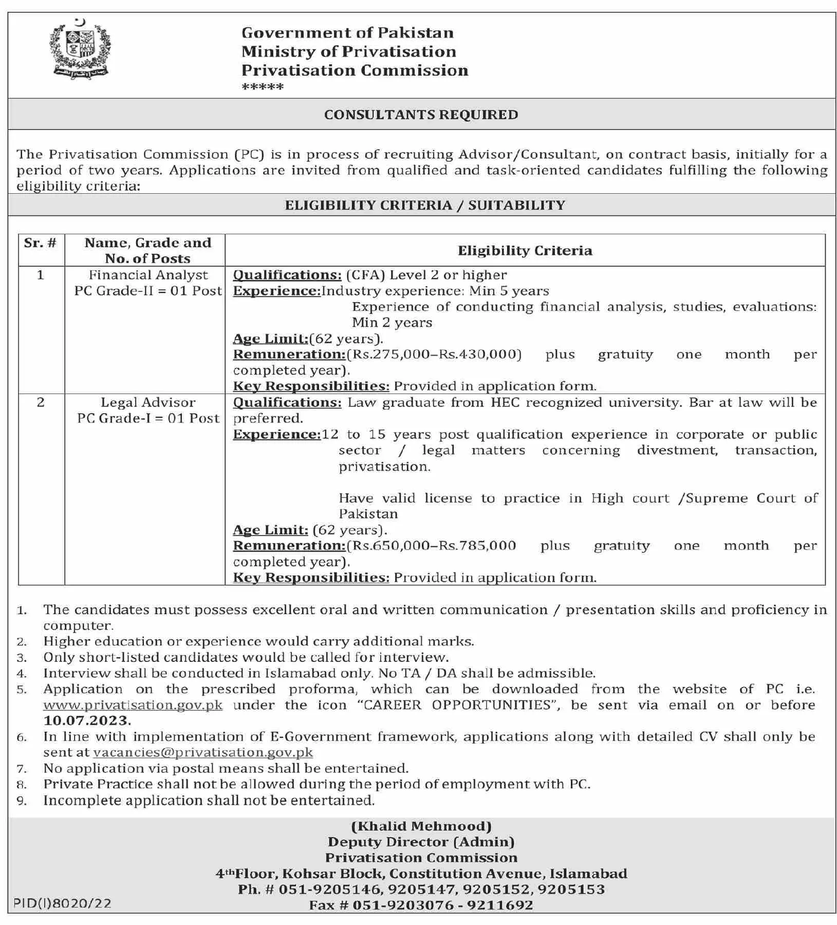 Ministry of Privatisation Islamabad Jobs 2023 – Ministry of Privatization Pakistan Jobs 2023 — original advertisement