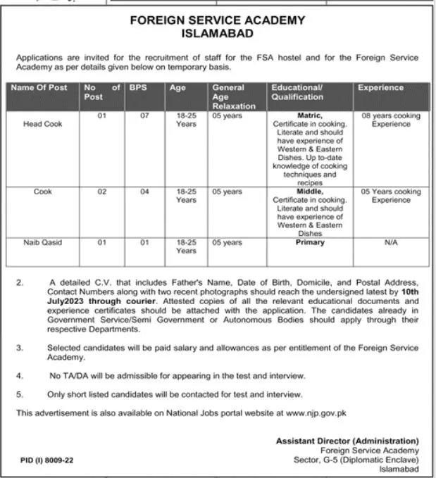Foreign Service Academy FSA Islamabad Jobs 2023 Jobs 2023 — original advertisement
