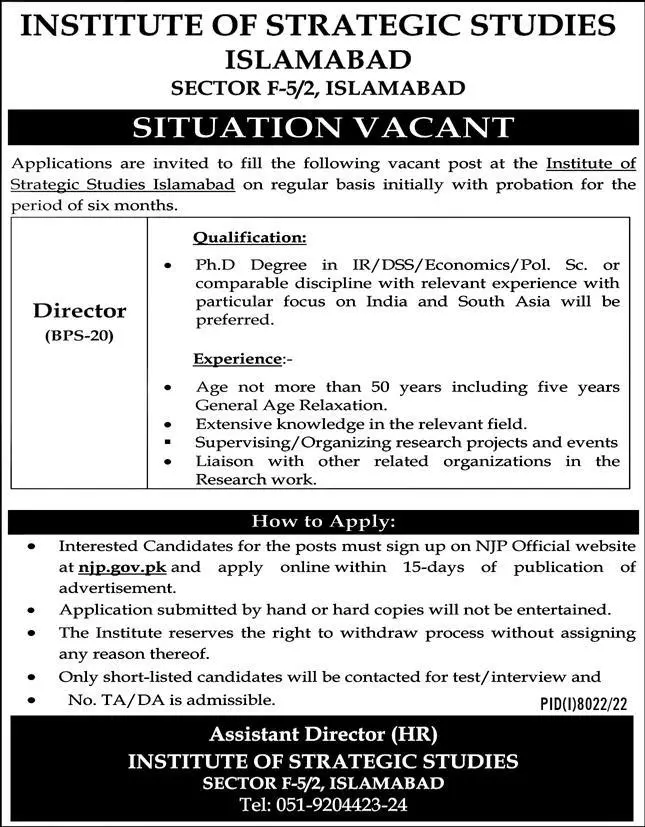 Institute Of Strategic Studies Islamabad Job 2023 Jobs 2023 — original advertisement