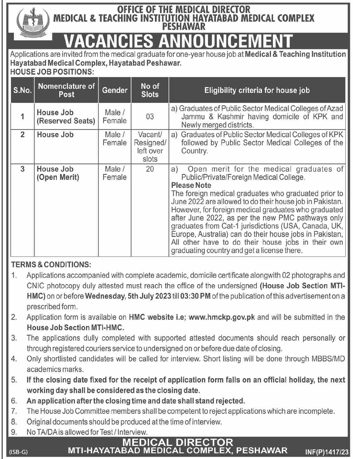 Medical Teaching Institution MTI Peshawar Job 2023 – Medical Teaching Institute MTI Khyber Teaching Hospital Peshawar Kpk Jobs 2023 — original advertisement