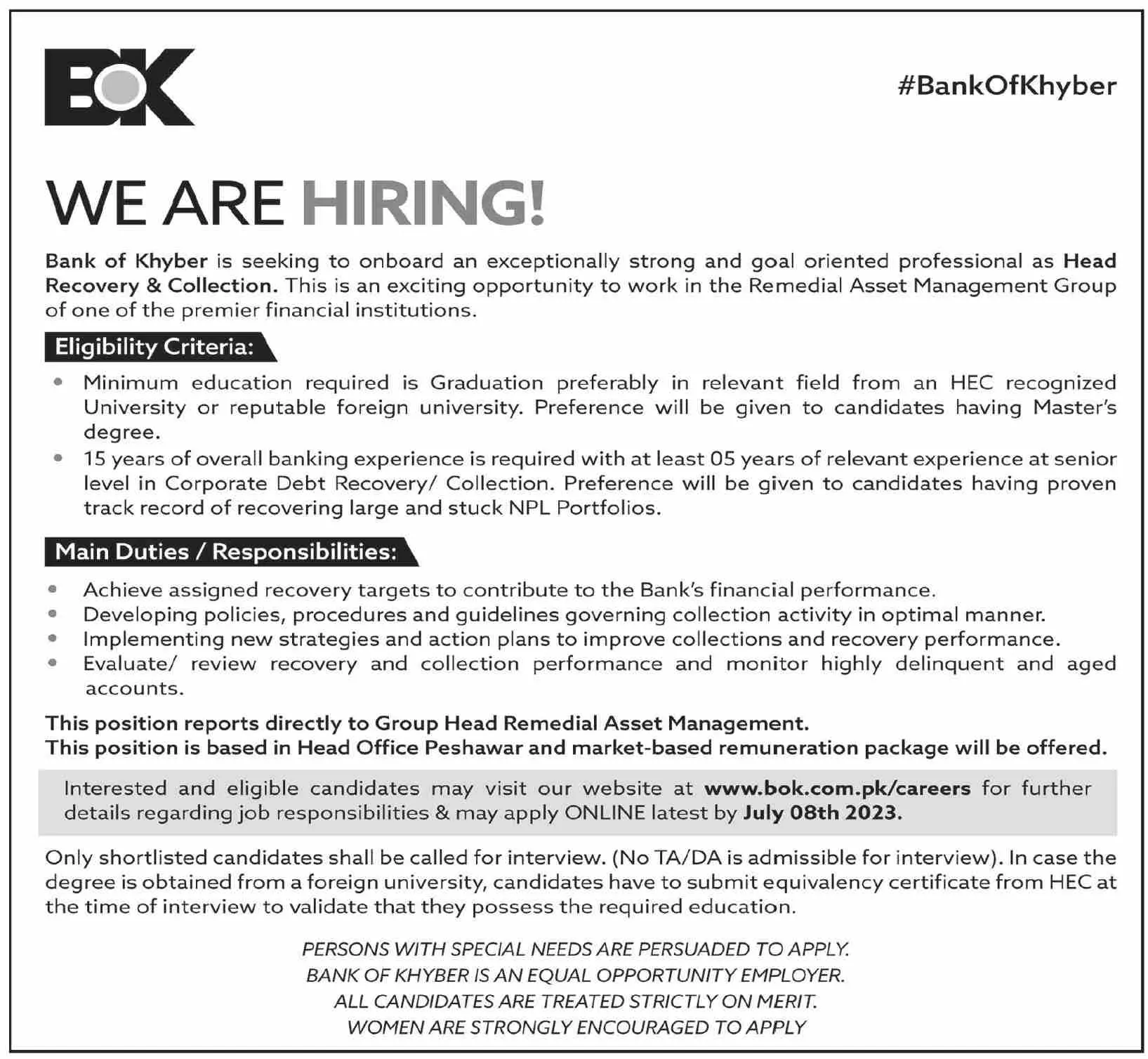 The Bank Of Khyber BOK Karachi Jobs 2023 Jobs 2023 — original advertisement
