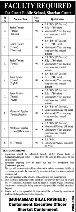Cantt Public School System Shorkot Jobs 2023 – Pakistan Army Jobs 2023 — original advertisement
