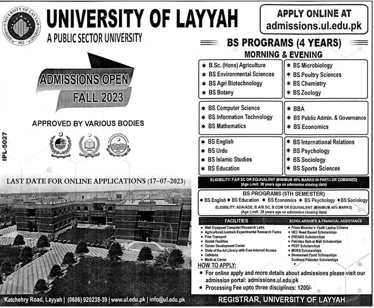 University of Layyah Punjab Admissions 2023 Admissions 2023 — original advertisement