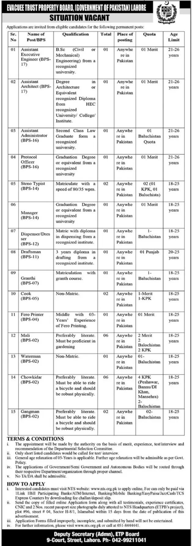 Evacuee Trust Property Board Lahore Punjab Jobs 2023 Jobs 2023 — original advertisement