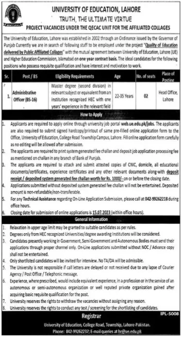 University Of Education Lahore Punjab Jobs 2023 Jobs 2023 — original advertisement