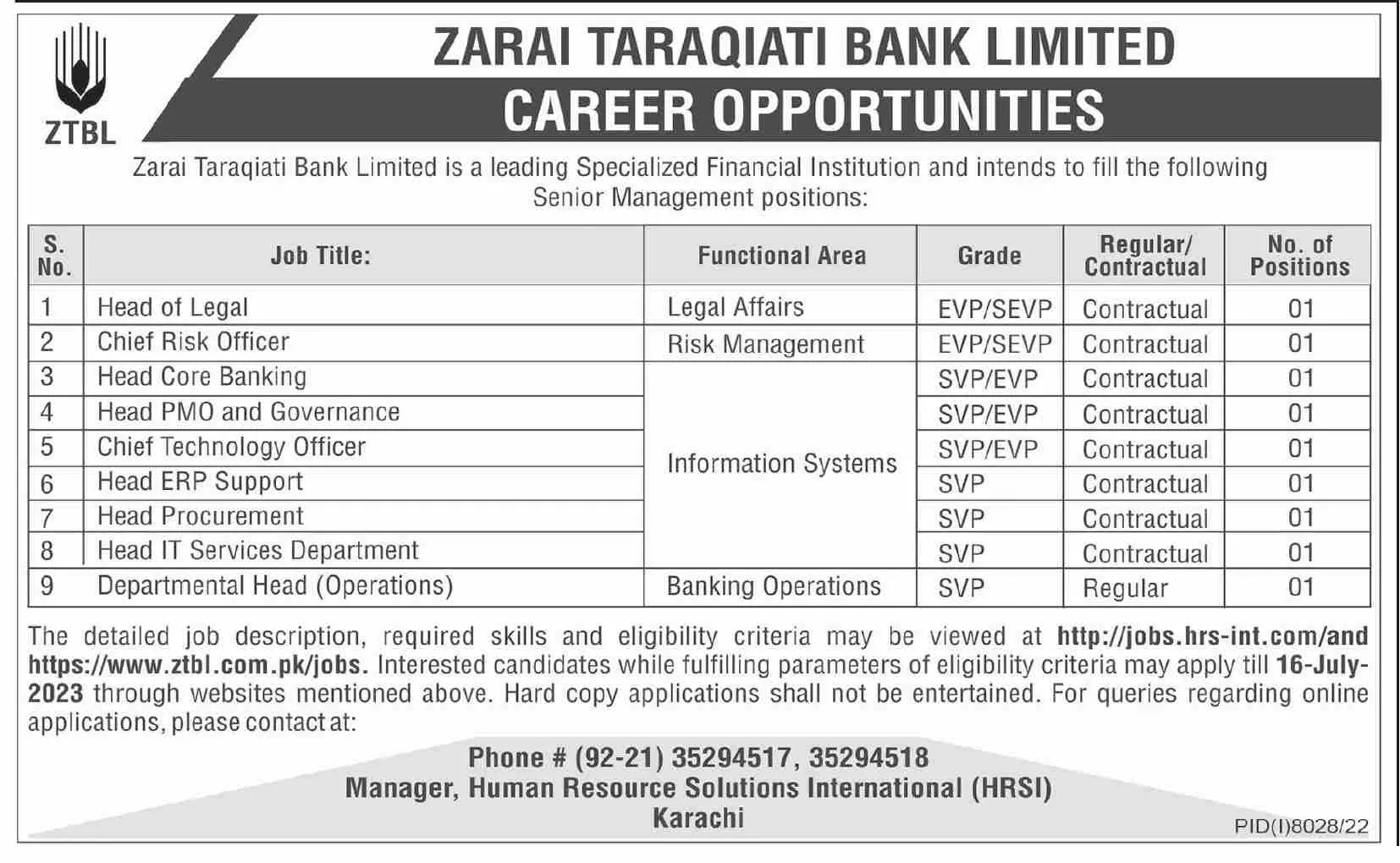Zarai Taraqiati Bank Limited ZTBL Islamabad Jobs 2023 Jobs 2023 — original advertisement