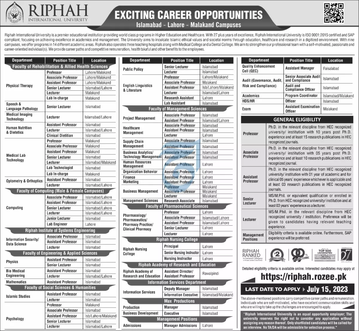 Riphah International University Islamabad Jobs 2023 Jobs 2023 — original advertisement