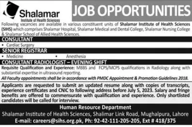 Shalamar Institute Of Health Sciences Jobs 2023 Jobs 2023 — original advertisement
