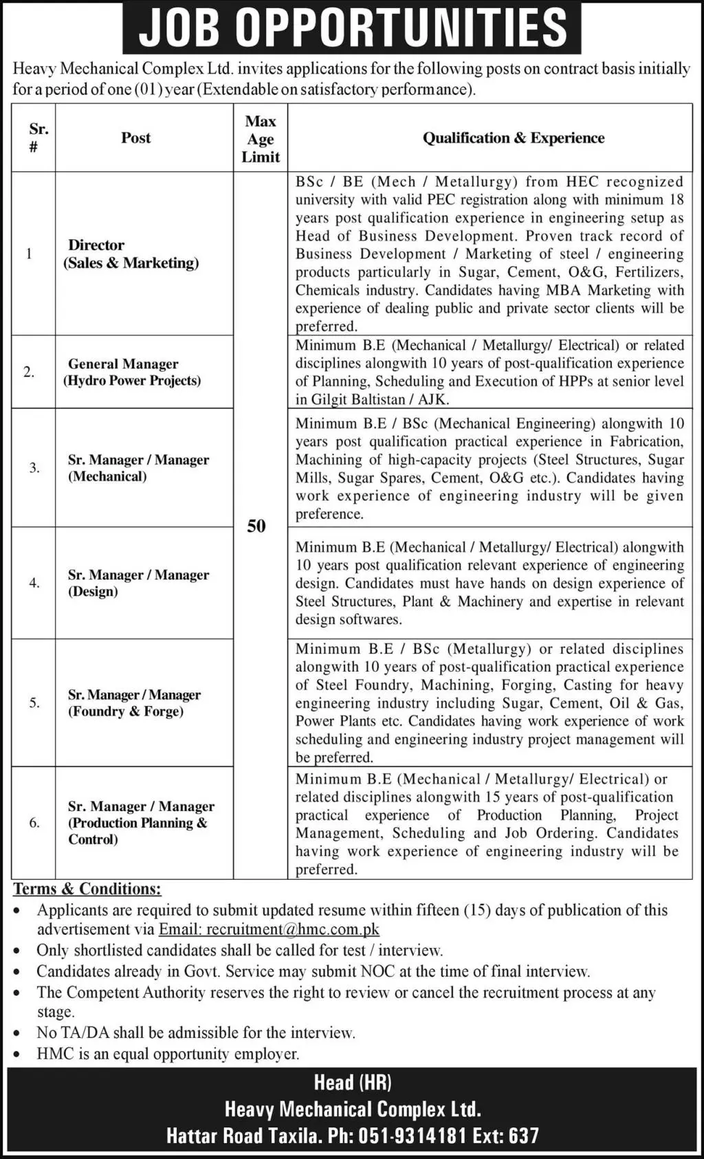 Heavy Mechanical Complex HMC Islamabad Jobs 2023 Jobs 2023 — original advertisement