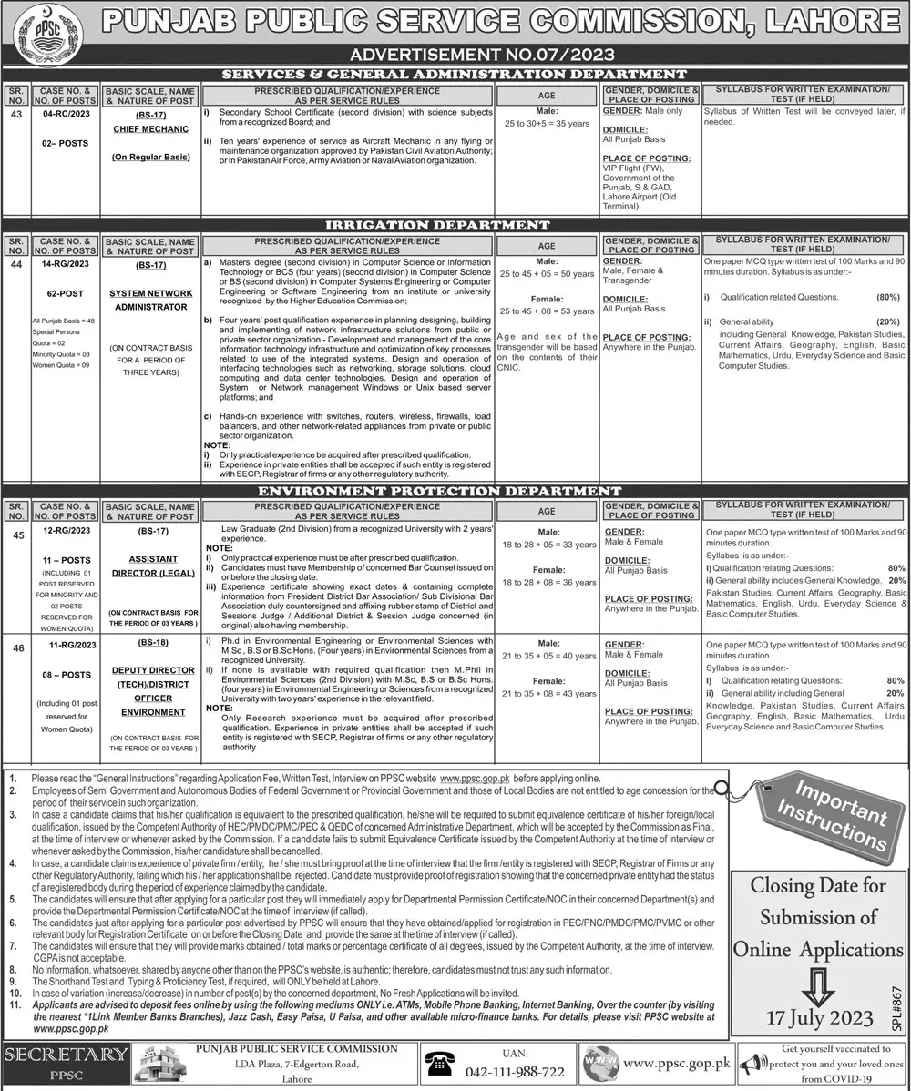 Punjab Public Service Commission Ppsc Jobs 07/2023 – Punjab Public Service Commission Lahore Jobs 2023 — original advertisement