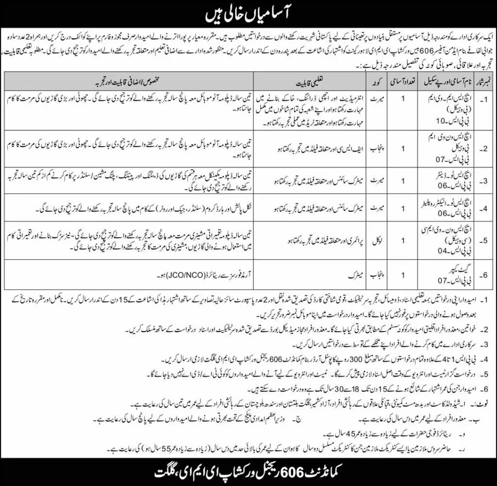 606 Regional Workshop EME Gilgit Baltistan Jobs 2023 – Pakistan Army Jobs 2023 — original advertisement