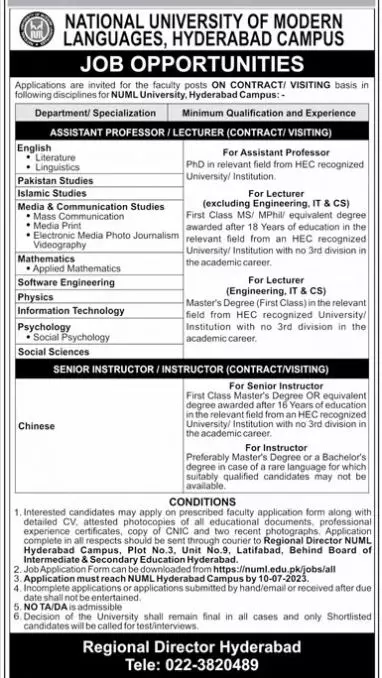 National University of Modern Languages NUML Hyderabad Jobs – National University of Modern Languages Islamabad Jobs 2023 — original advertisement