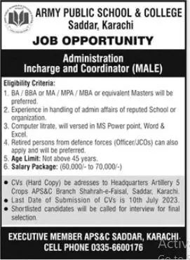 Army Public School & College Sadar Karachi Jobs 2023 – Army Public School & College Paksitan Jobs 2023 — original advertisement