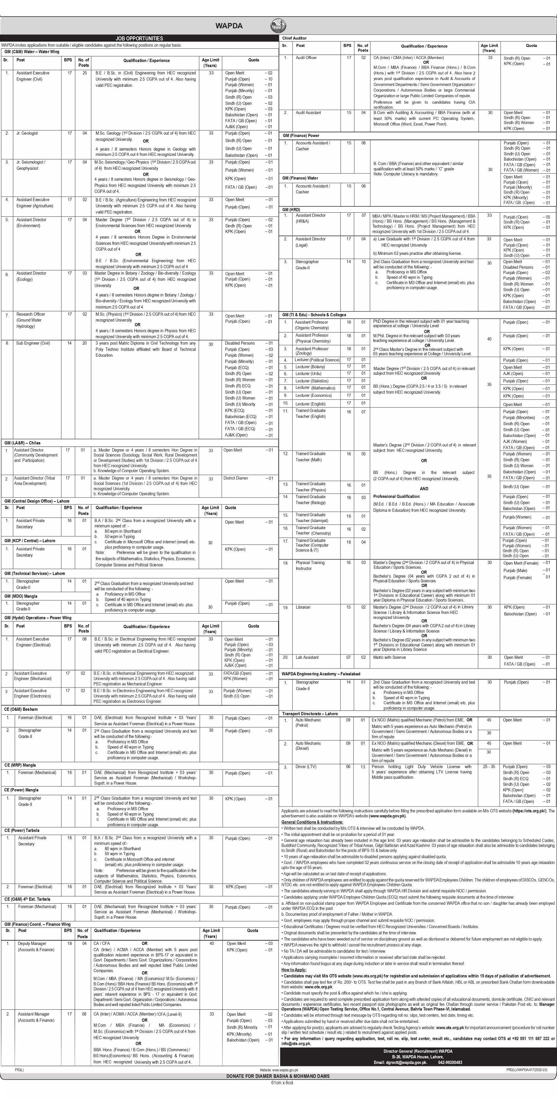 Water & Power Development Authority WAPDA Jobs 2023 – Water and Power Development Authority Jobs 2023 — original advertisement