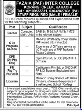 Fazaia Inter College Education Karachi Jobs 2023 – Fazaia Schools & Colleges Jobs 2023 — original advertisement