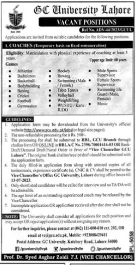 Government College University GC Lahore Jobs 2023 – Government College University Lahore Jobs 2023 — original advertisement