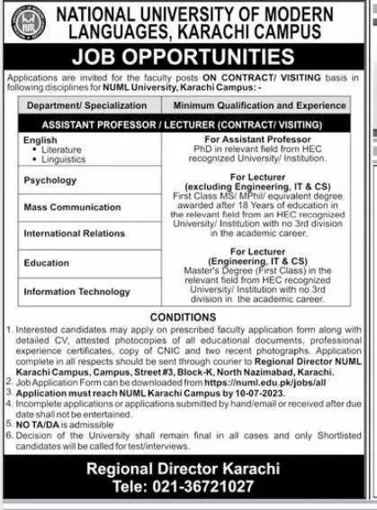 National University of Modern Languages NUMLKarachi Jobs – National University of Modern Languages Islamabad Jobs 2023 — original advertisement