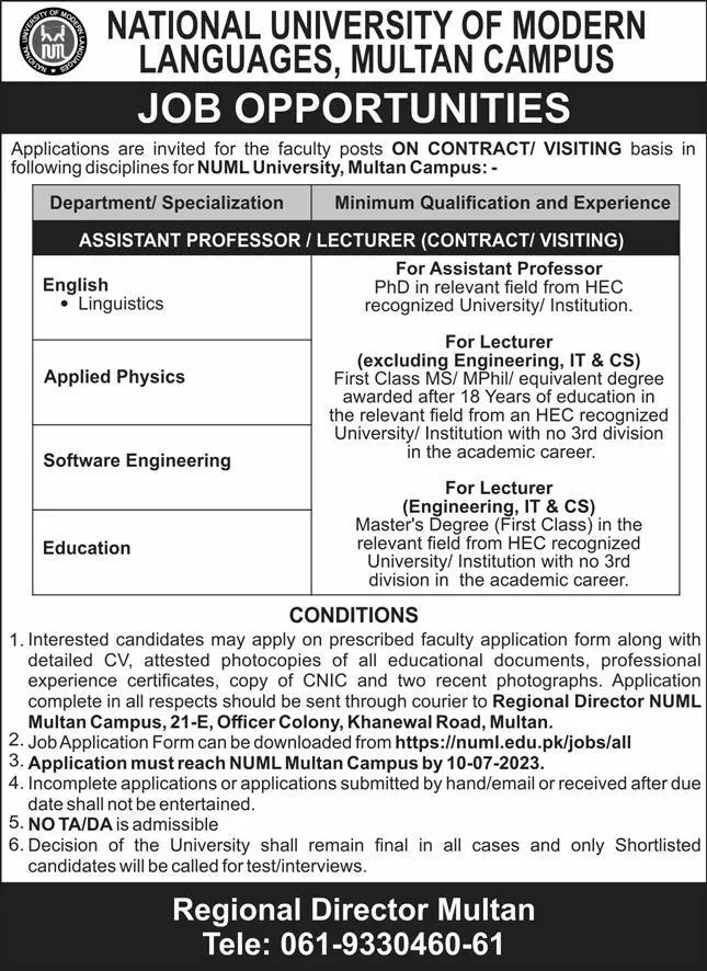 National University of Modern Languages Multan Campus Jobs – National University of Modern Languages Islamabad Jobs 2023 — original advertisement