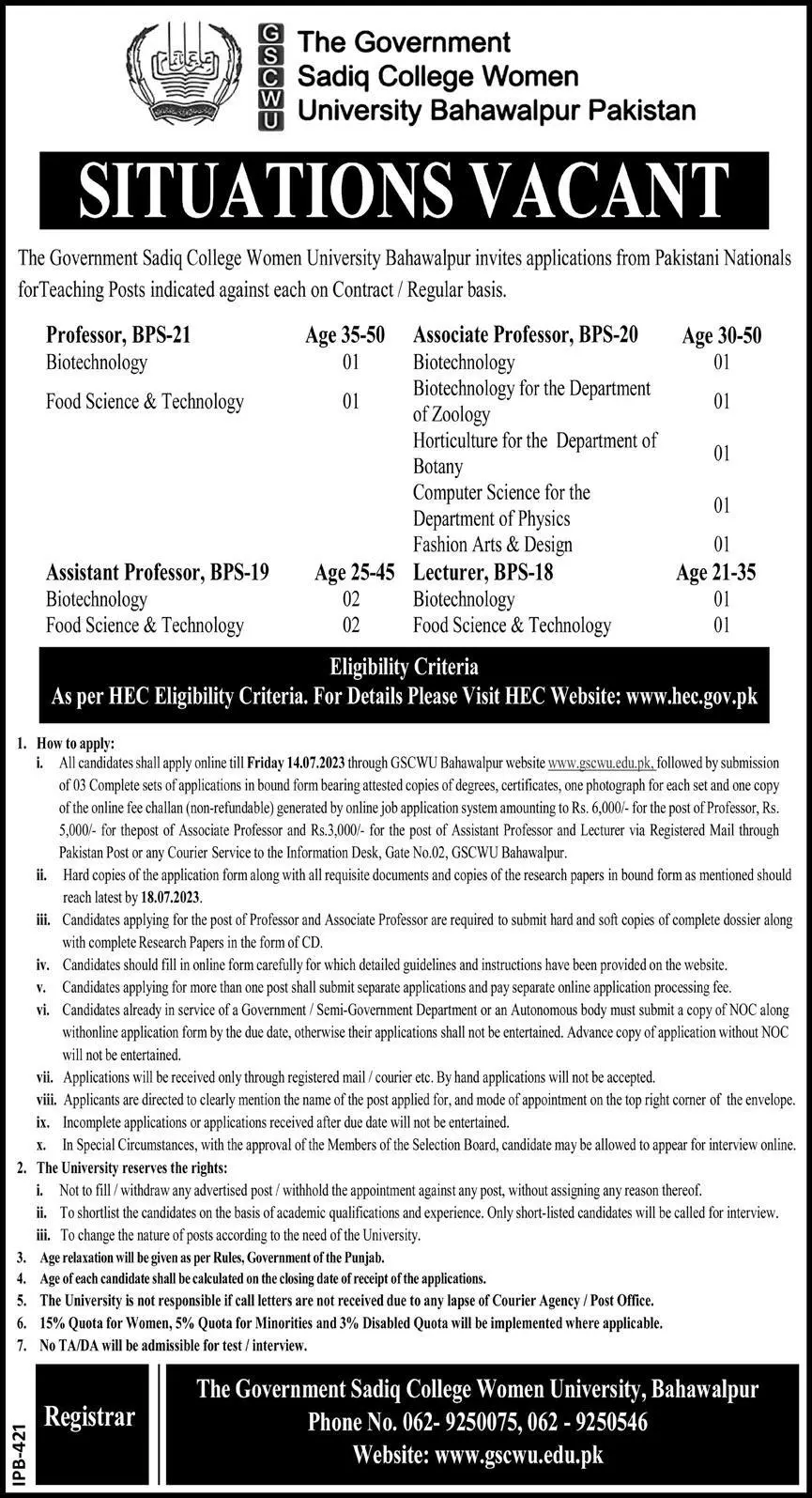 The Government Sadiq College Women University Jobs 2023 –  The Government Sadiq College Women University Bahawalpur Jobs 2023 — original advertisement