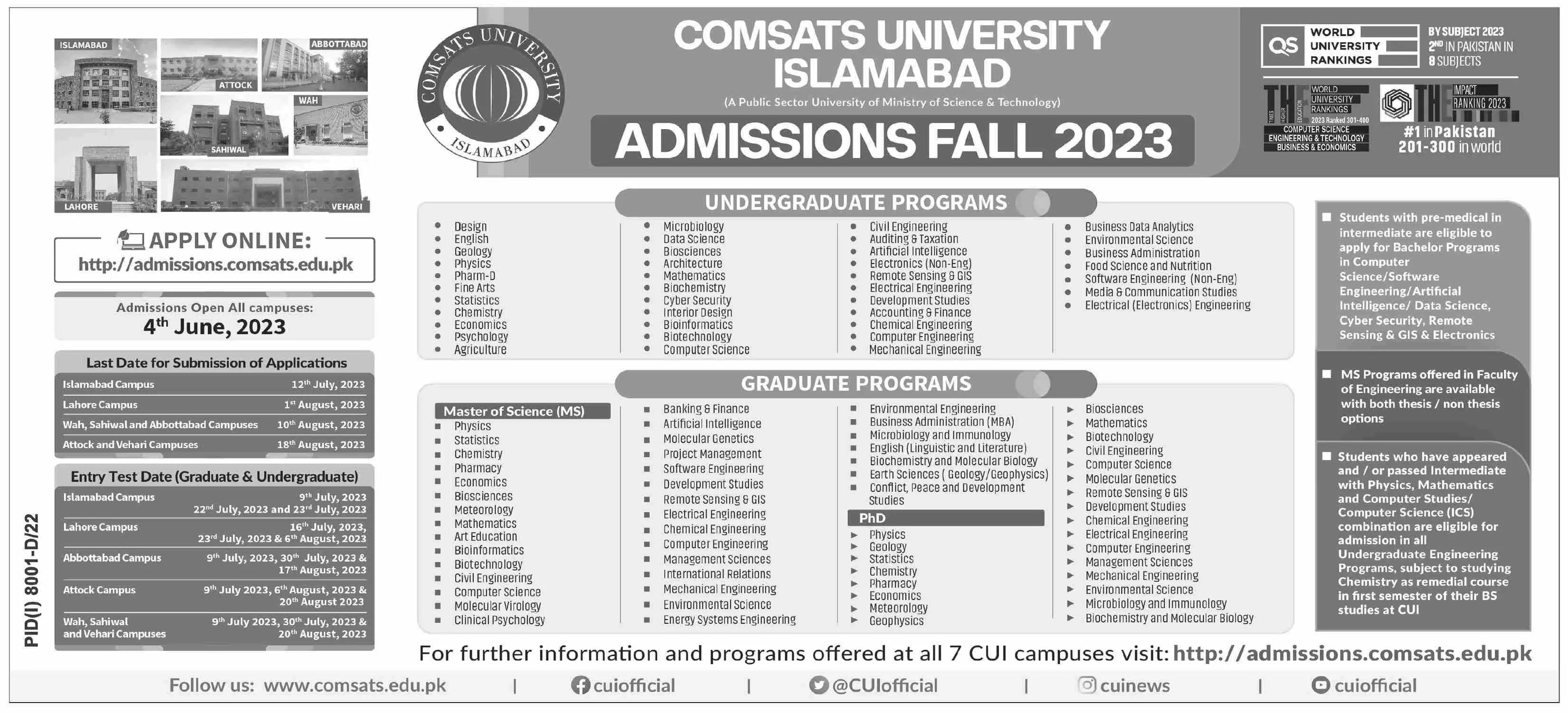 Comsats University Islamabad Admissions 2023 Admissions 2023 — original advertisement