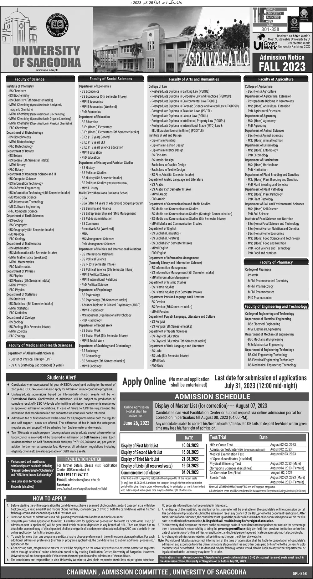 University of Sargodha Punjab Admissions 2023 Admissions 2023 — original advertisement