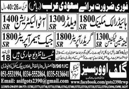 Jack Hammer Operator And Welder Jobs in Saudi Arabia 2023 – Gulf Overseas Technical Services Jobs 2023 — original advertisement