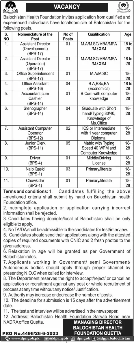 Balochistan Health Foundation Quetta Jobs 2023 – Health Department Balochsitan Jobs 2023 — original advertisement