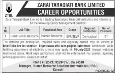 Zarai Taraqiati Bank Limited ZTBL Islamabad Jobs 2023 Jobs 2023 — original advertisement