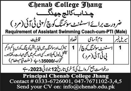 Chenab College Jhang Punjab Jobs 2023 Jobs 2023 — original advertisement