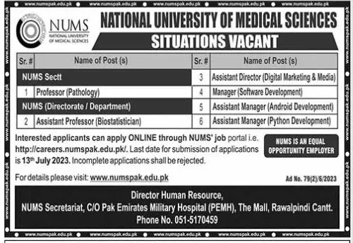 National University Of Medical Sciences Nums Jobs 2023 – National University of Medical Science NUMS Jobs 2023 — original advertisement