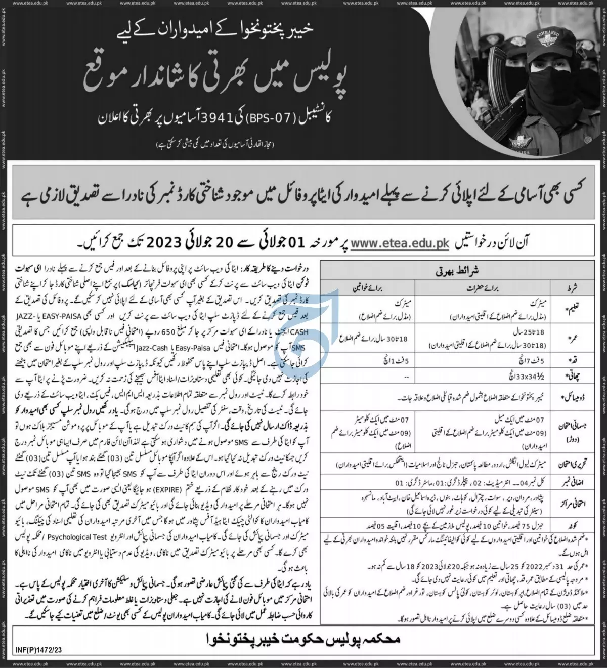 Khyber Pakhtunkhwa Police Department Peshawar Jobs 2023 – Police Department KPK Jobs 2023 — original advertisement