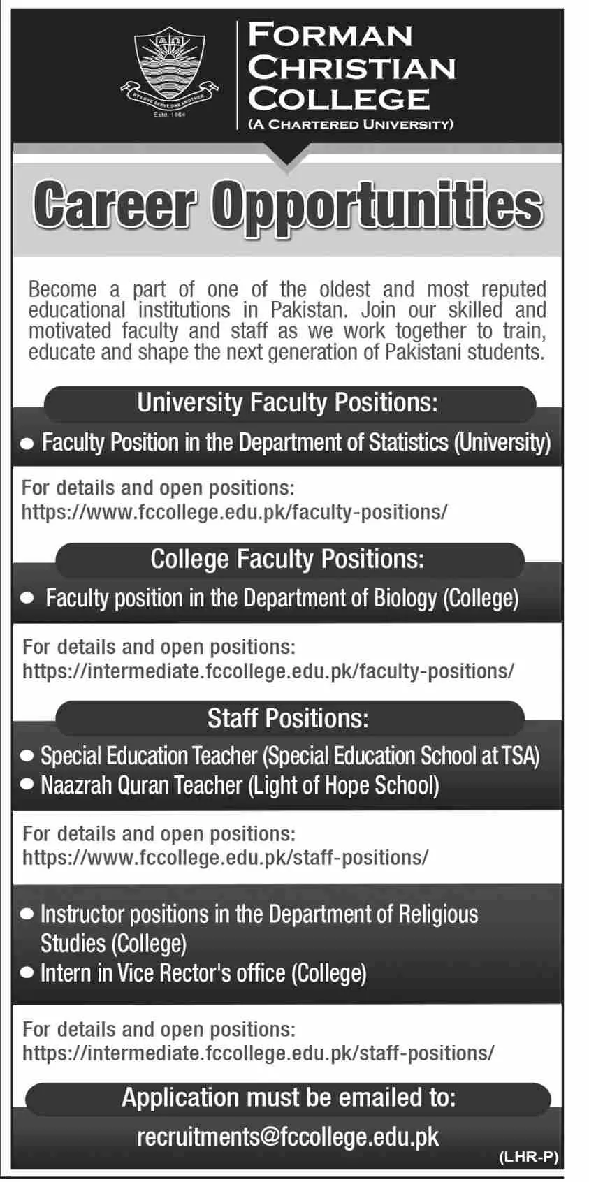 Forman Christian College Lahore Punjab Jobs 2023 Jobs 2023 — original advertisement