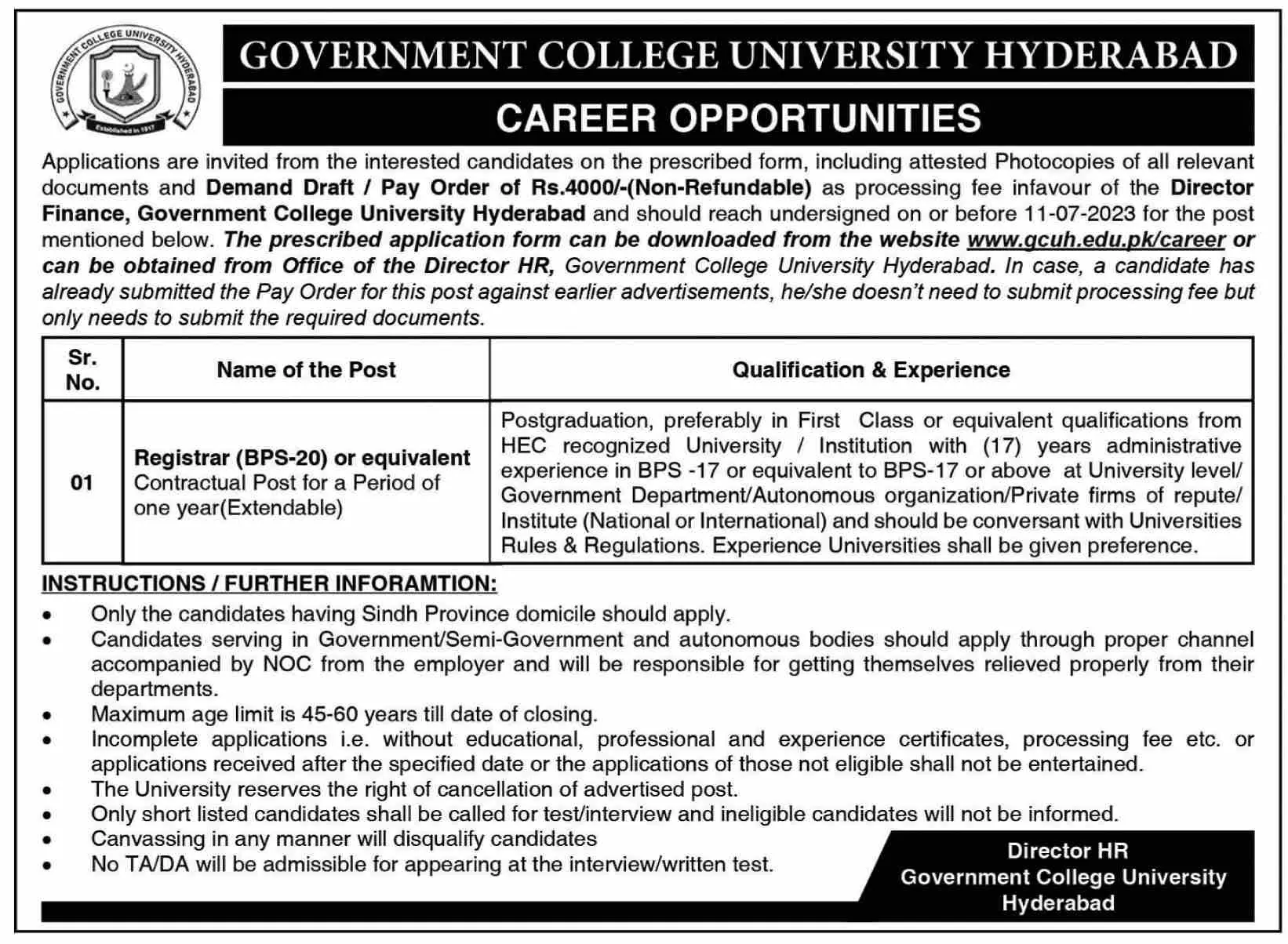 Government College University Hyderabad Jobs 2023 Jobs 2023 — original advertisement