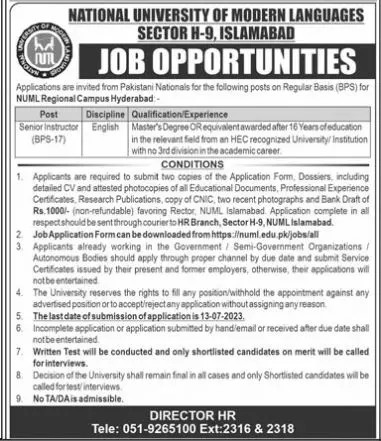 National University of Modern Languages Islamabad Jobs 2023 Jobs 2023 — original advertisement