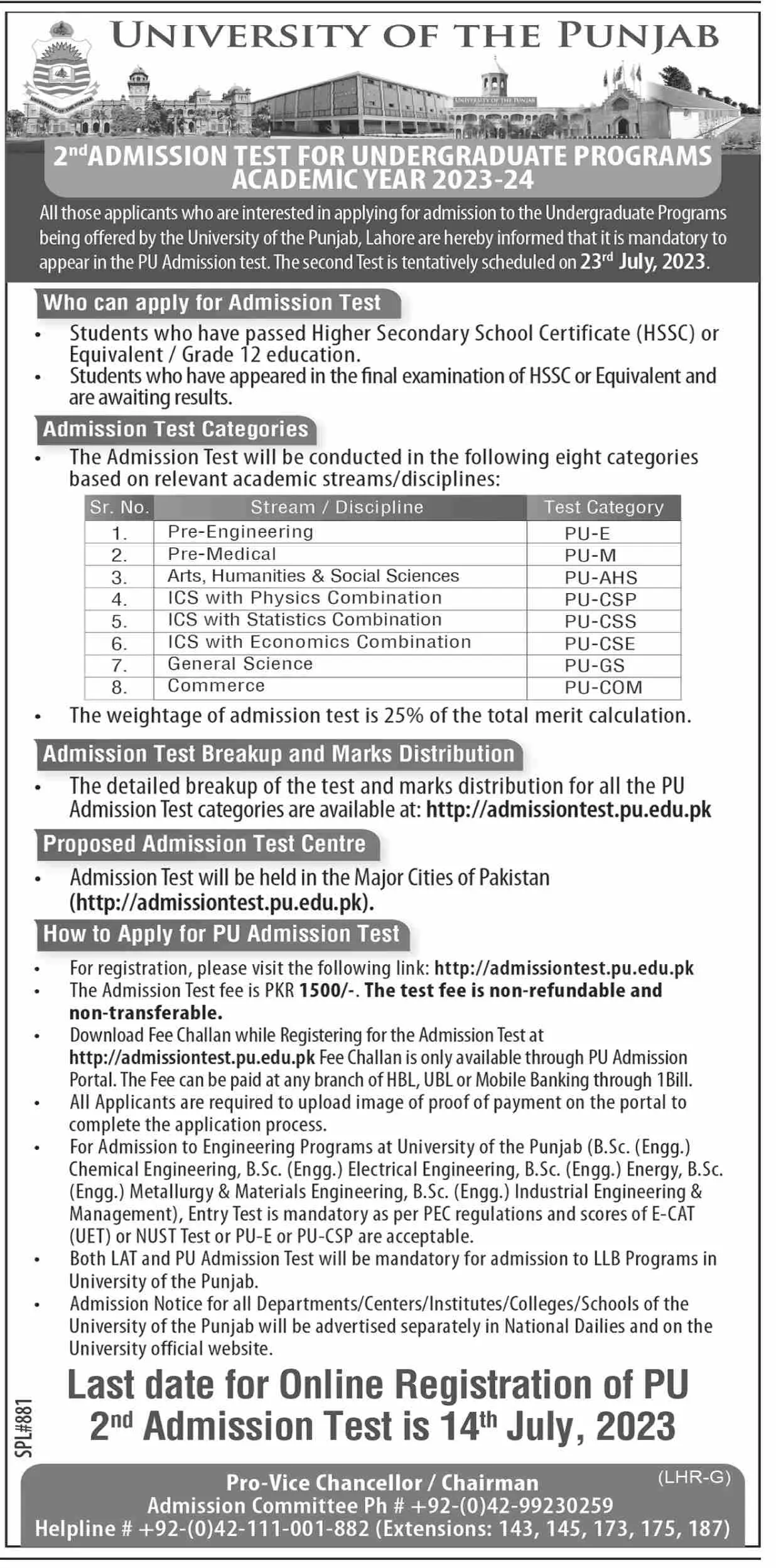 University of Punjab Admissions 2023 Admissions 2023 — original advertisement