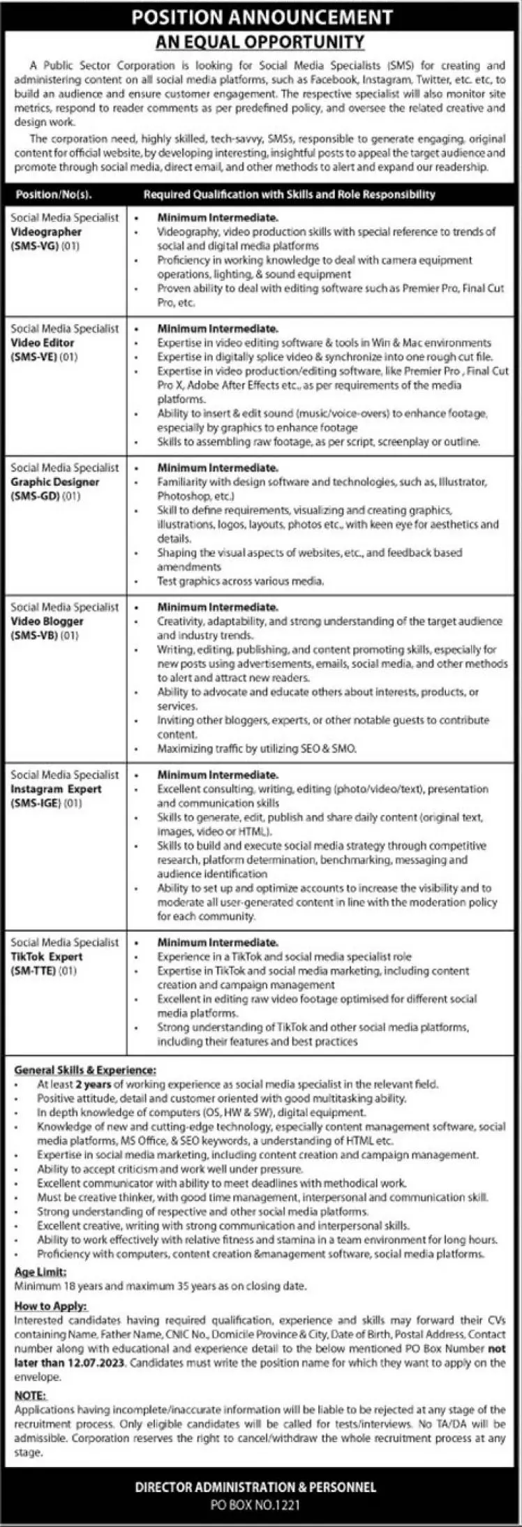 Public Sector Cooperation Islamabad Jobs 2023 – Public Sector Organization Jobs 2023 — original advertisement