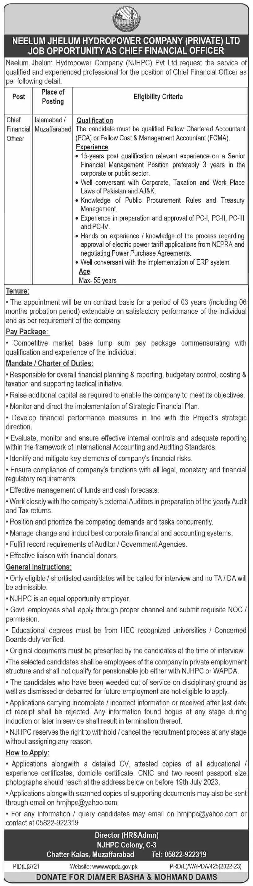 Neelum Jhelum Hydropower Company Private Ltd Islamabad Jobs – Water and Power Development Authority Jobs 2023 — original advertisement