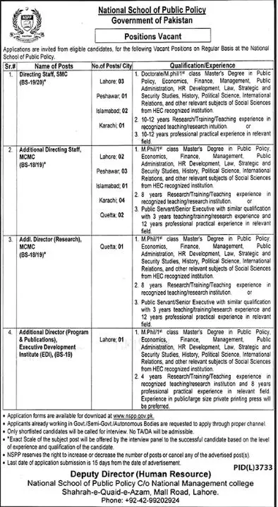 National School Of Public Policy Jobs 2023 – National School of Public Policy Lahore Jobs 2023 — original advertisement