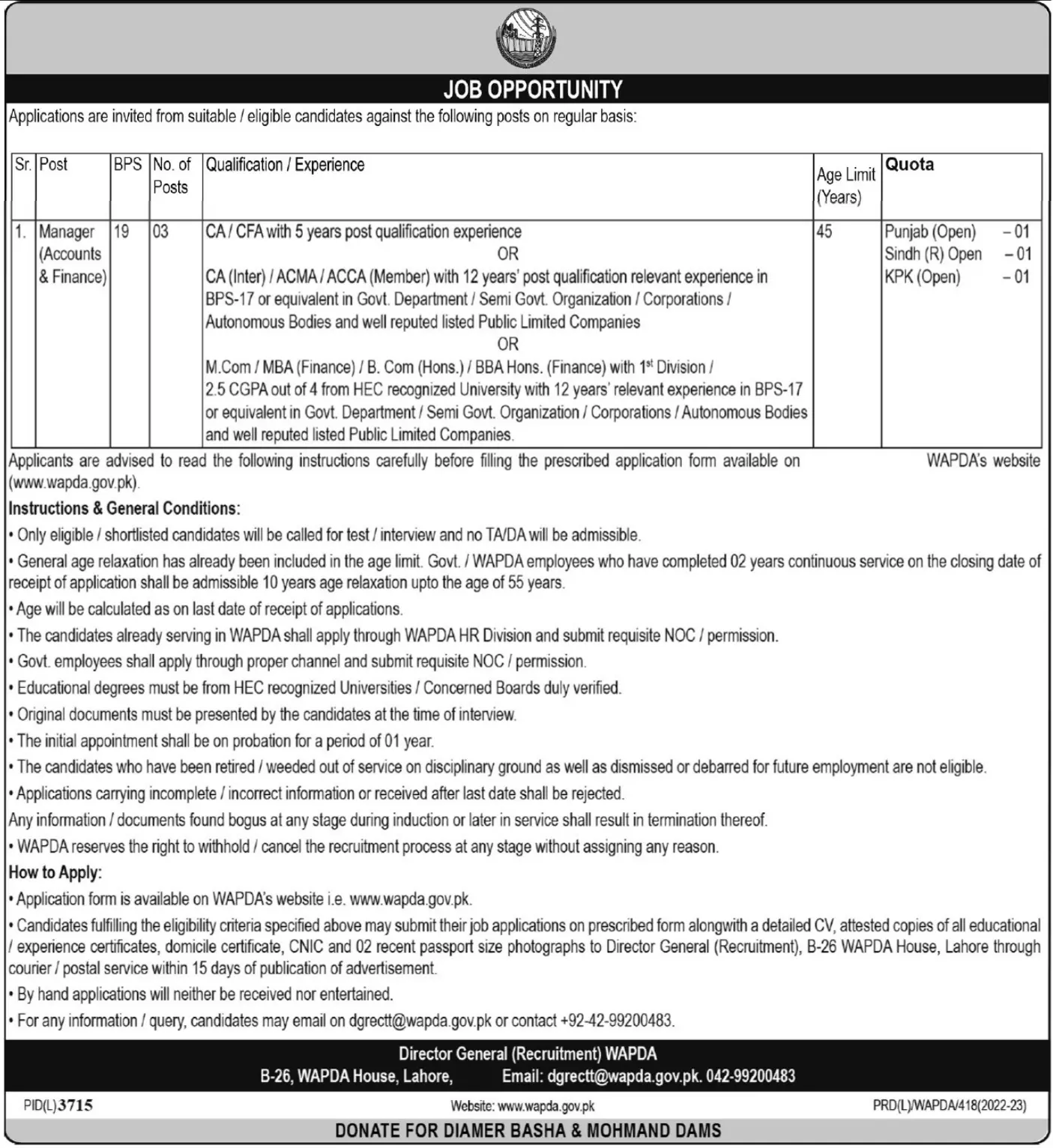 Water and Power Development Authority WAPDA Lahore Jobs 2023 Jobs 2023 — original advertisement