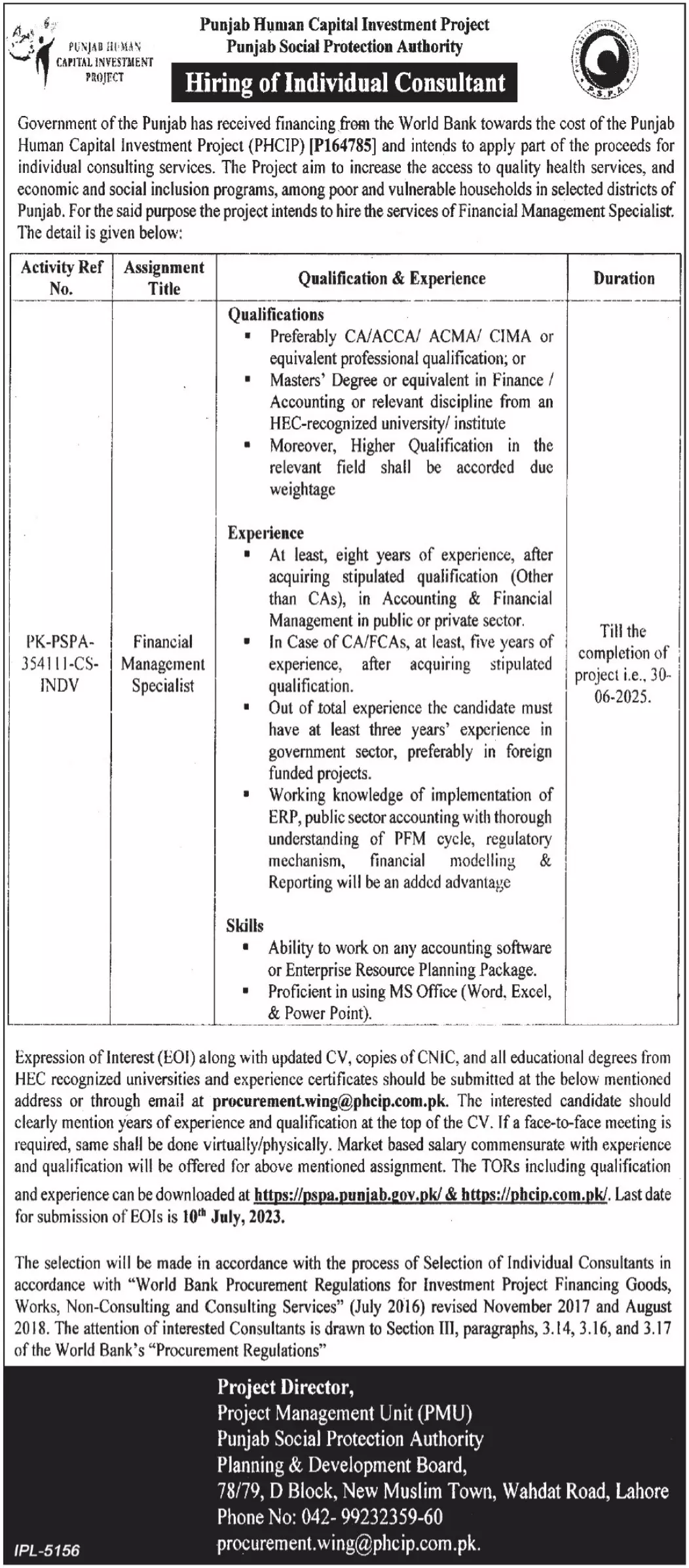 Punjab Human Capital Investment Project  Lahore Jobs 2023 – Punjab Social Protection Authority Jobs 2023 — original advertisement