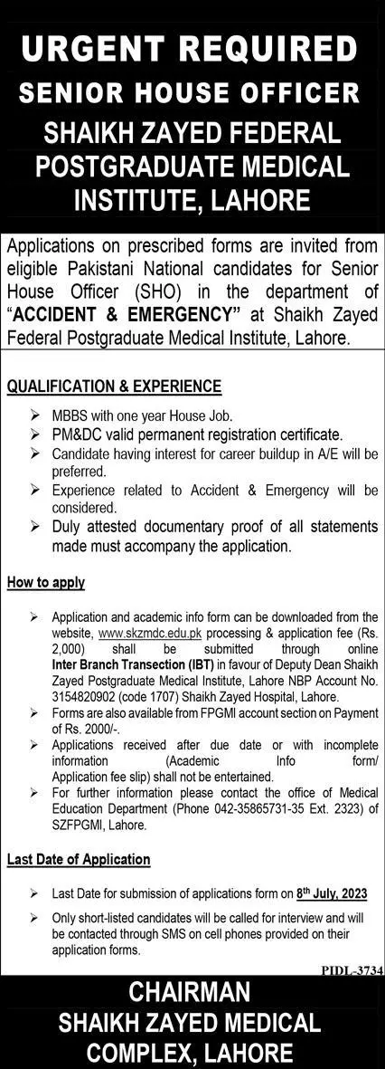 Sheikh Zayed Federal Postgruated Medical Institute Jobs 2023 – Sheikh Mohammad Bin Zayed Al Nahyan SMBZAN Institute of Cardiology Jobs 2023 — original advertisement