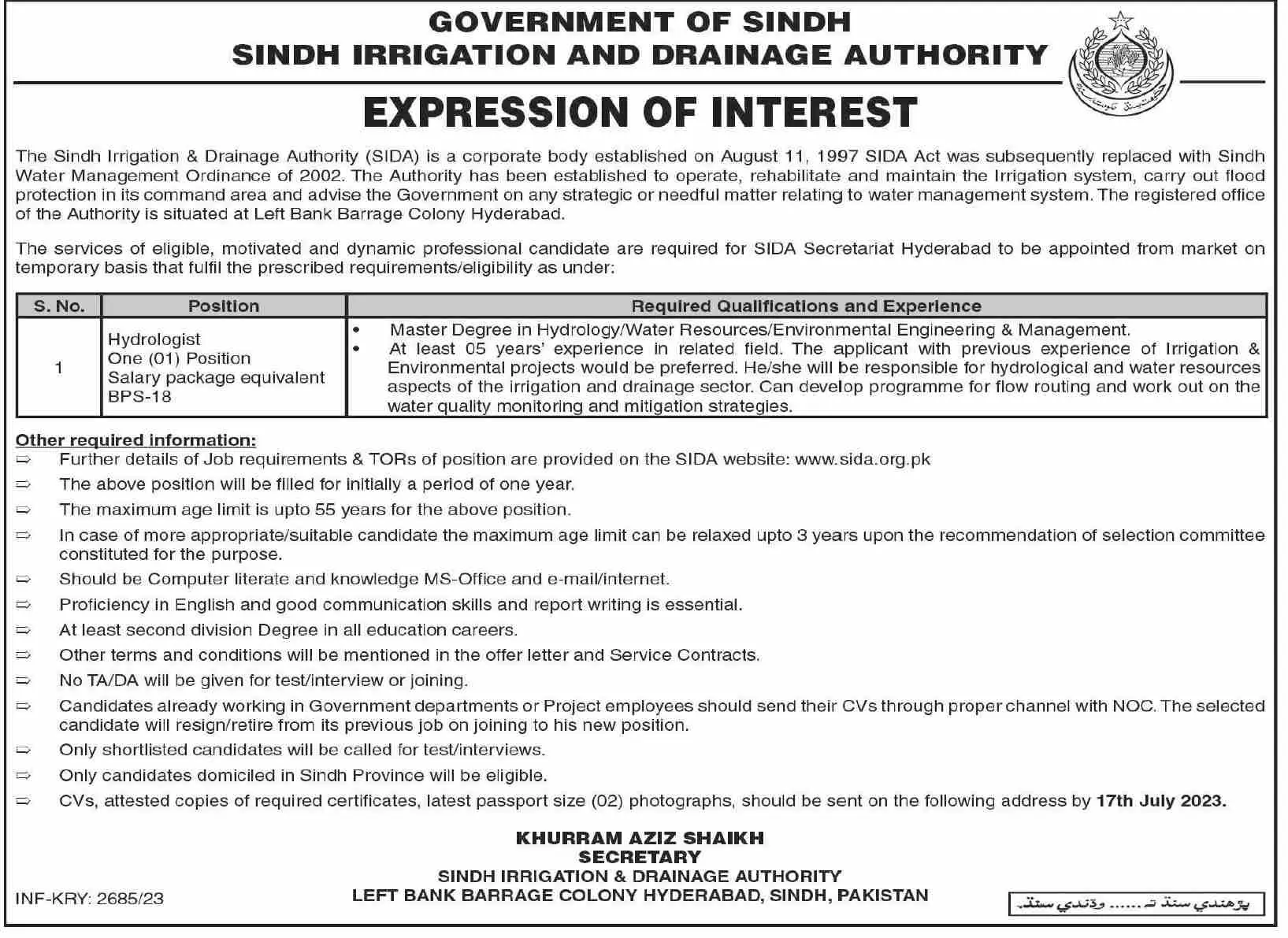 Sindh Irrigation & Drainage Authority Jobs 2023 – Irrigation Department Sindh Jobs 2023 — original advertisement