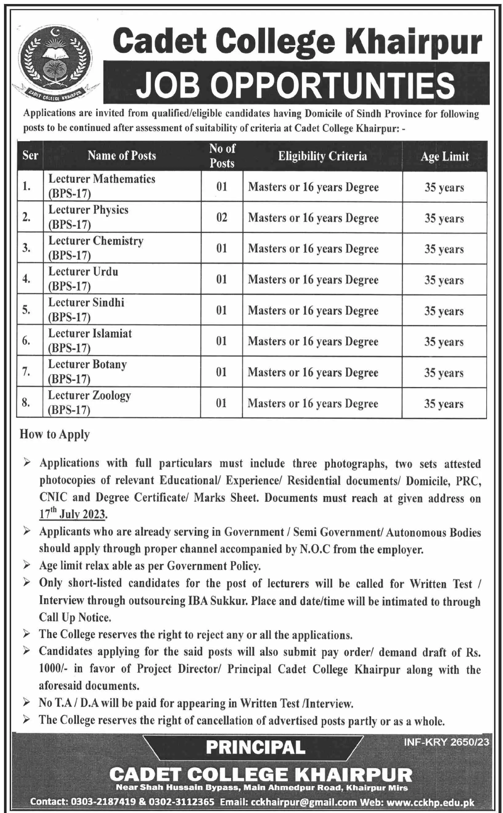 Cadet College Khairpur Sindh Jobs 2023 Jobs 2023 — original advertisement
