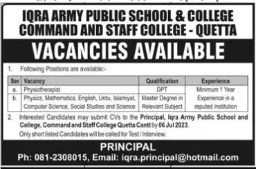 Iqra Army Public School & Colleg Quetta Jobs 2023 – Iqra Army Public School and College Jobs 2023 — original advertisement