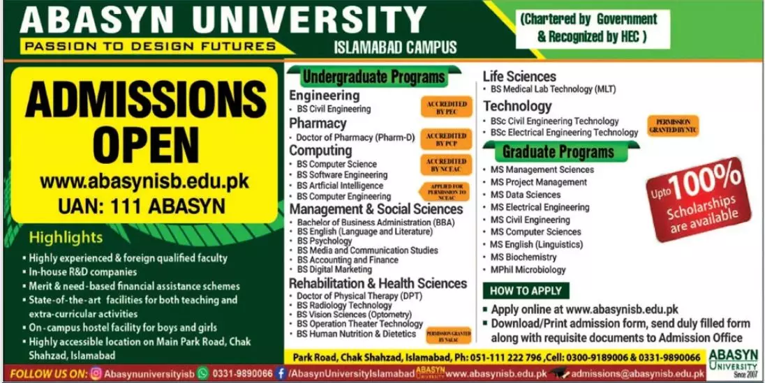 Abasyn University Islamabad Campus Admissions 2023 – Abasyn University Peshawar Admissions 2023 — original advertisement