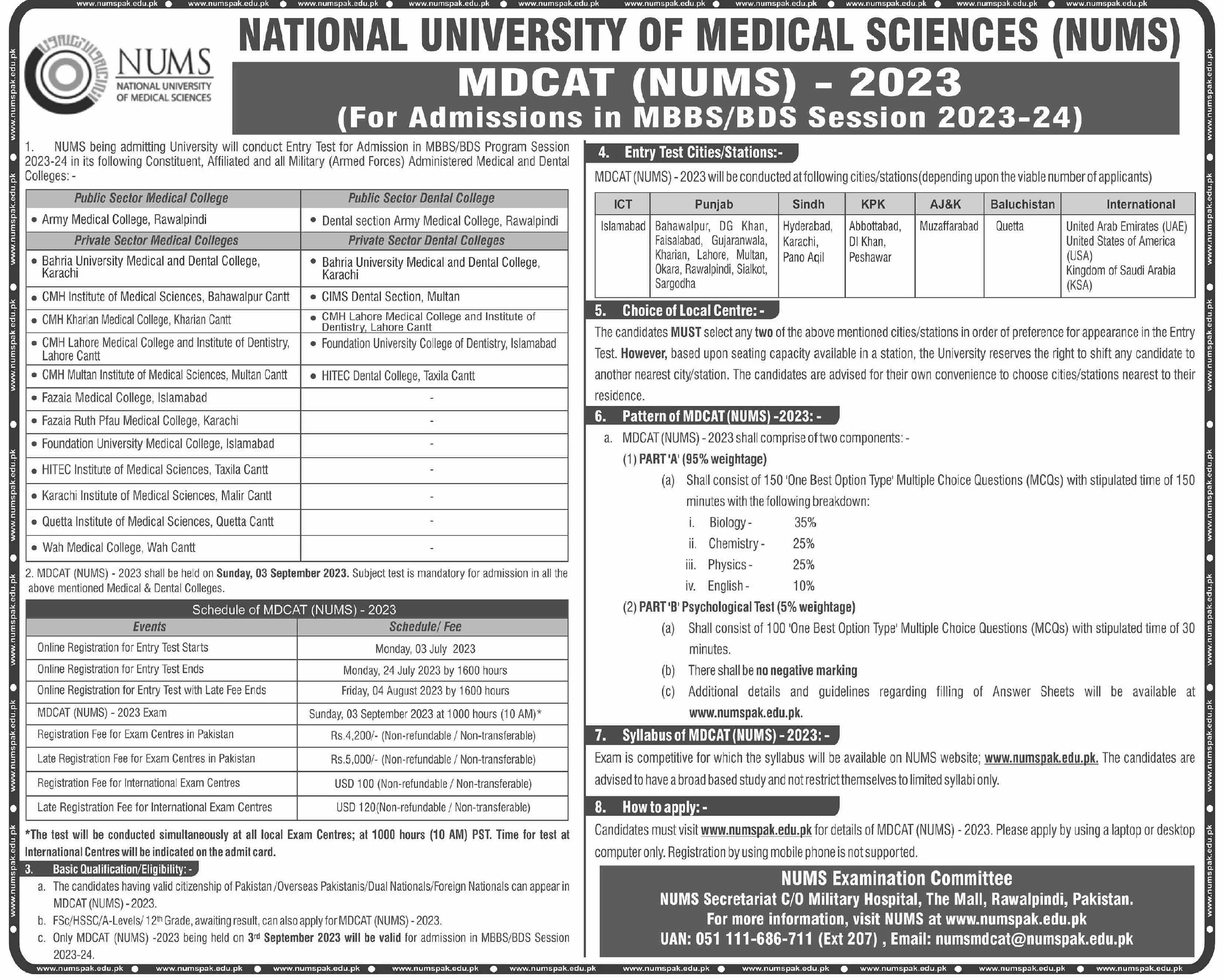 National University of Medical Sciences Nums Admissions 2023 – National University of Medical Science NUMS Admissions 2023 — original advertisement