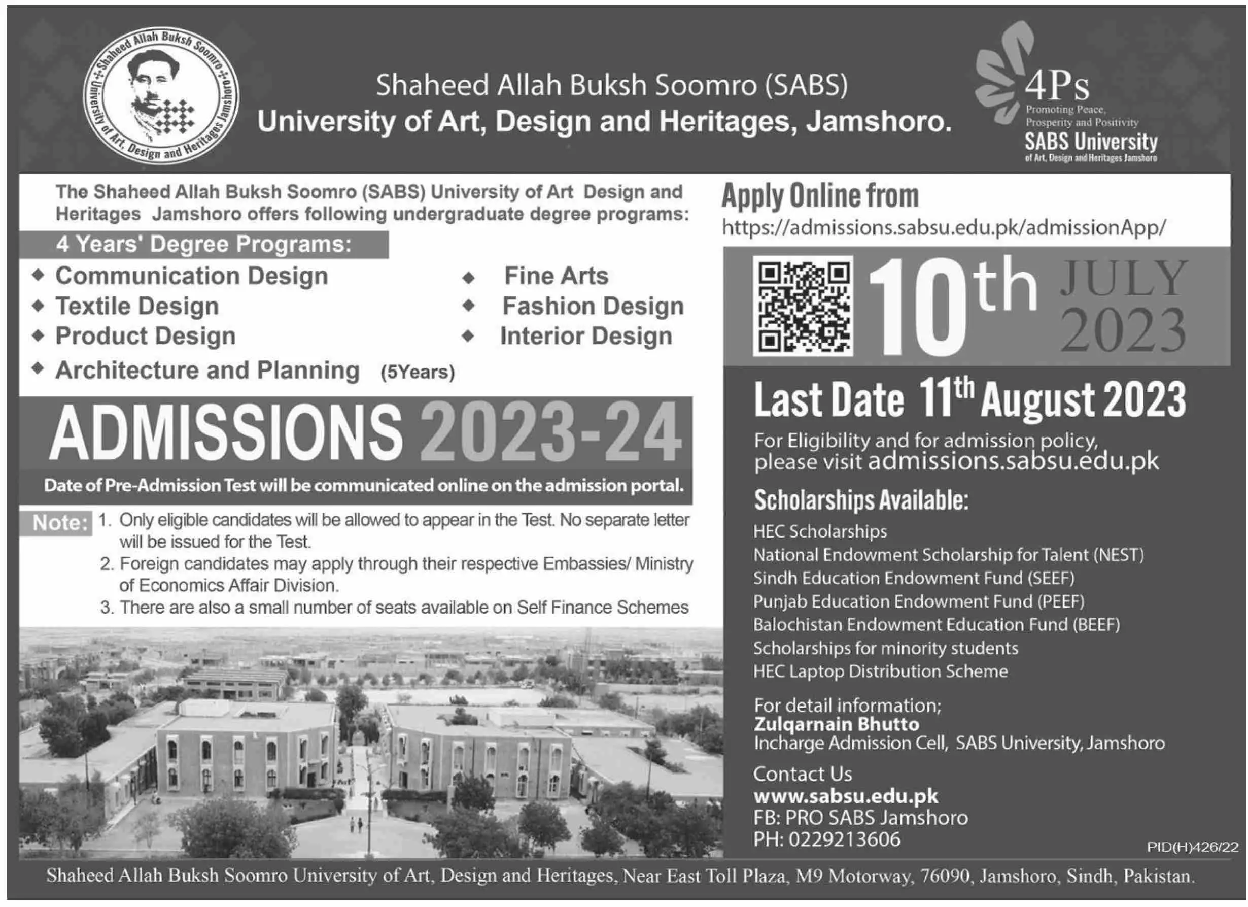 Shaheed Allah Bakhsh Soomro University Admissions 2023 – Shaheed Allah Bux Soomro University Of Art Design & Heritage Admissions 2023 — original advertisement