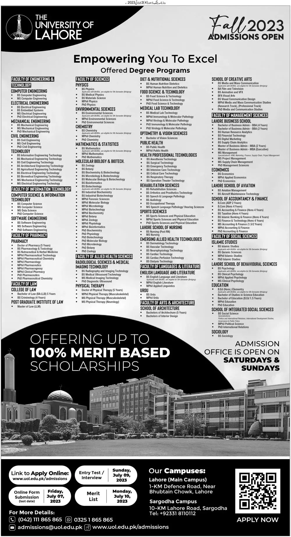 University of Lahore Punjab Admissions 2023 Admissions 2023 — original advertisement