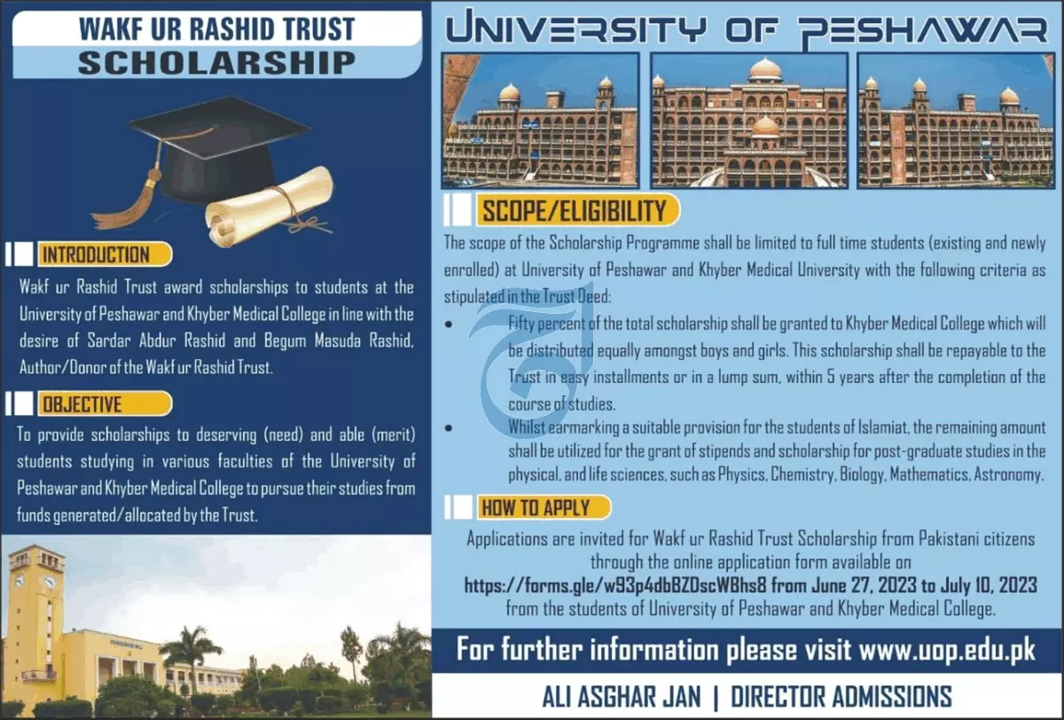 Wakf Ur Rashid Trust Scholarship for University of Peshawar Scholarships 2023 — original advertisement