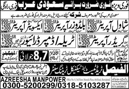 Grader Operator & Tralla Driver Jobs In Saudi Arabia 2023 – Al Faisal Trade Test & Technical Training Center Jobs 2023 — original advertisement